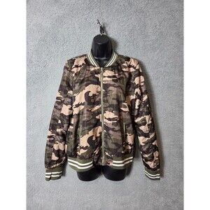 Y2K Rue 21 Womens Camo Bomber Varsity Jacket Large Army Green Black Tan Grunge